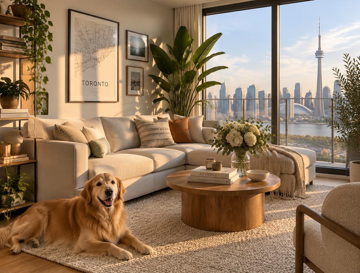 Sunlit living room with a view of the Toronto skyline