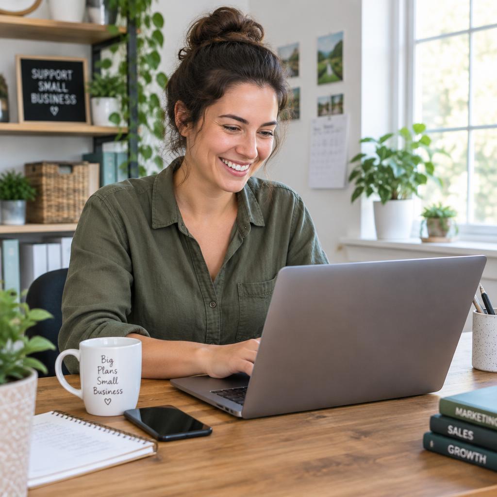 Business owner smiling at her laptop